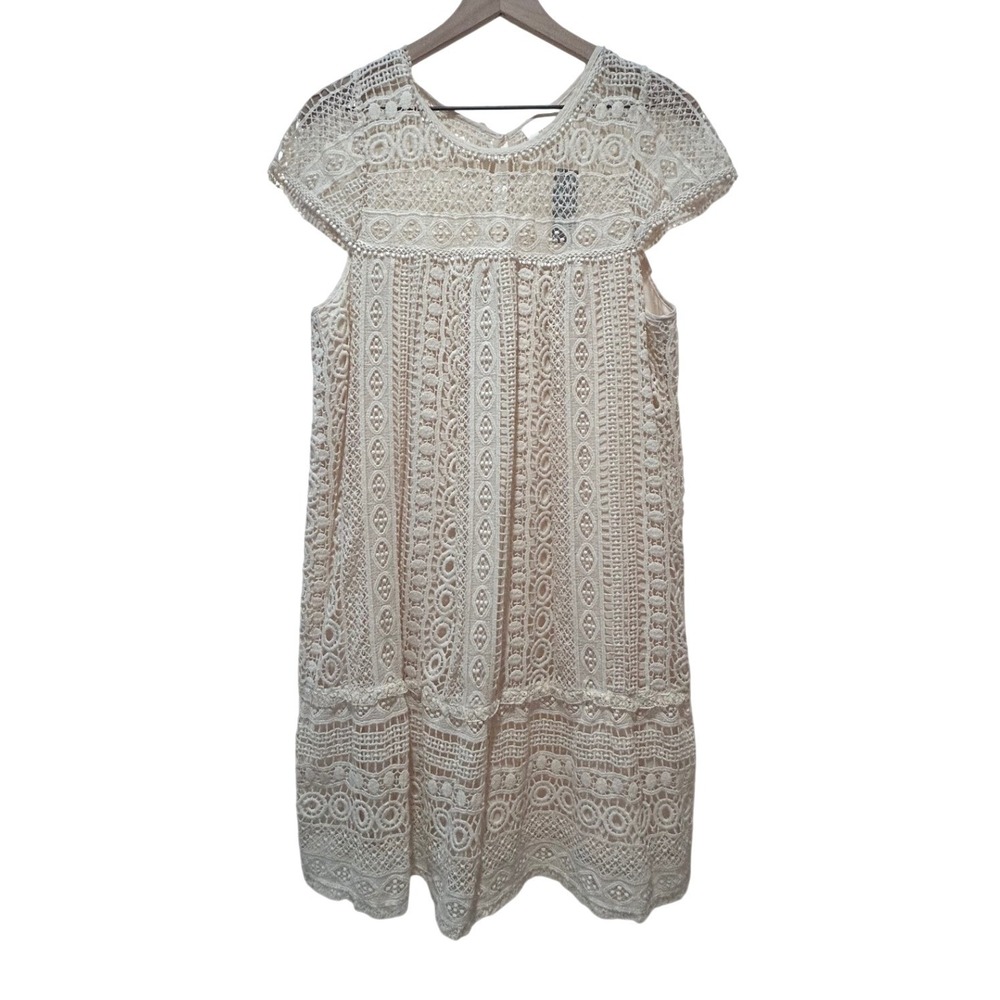 Maeve Crochet Cream Lace Shift Dress Ivory Boho Cap Sleeve Mini Sz Large Petite - Picture 3 of 10
